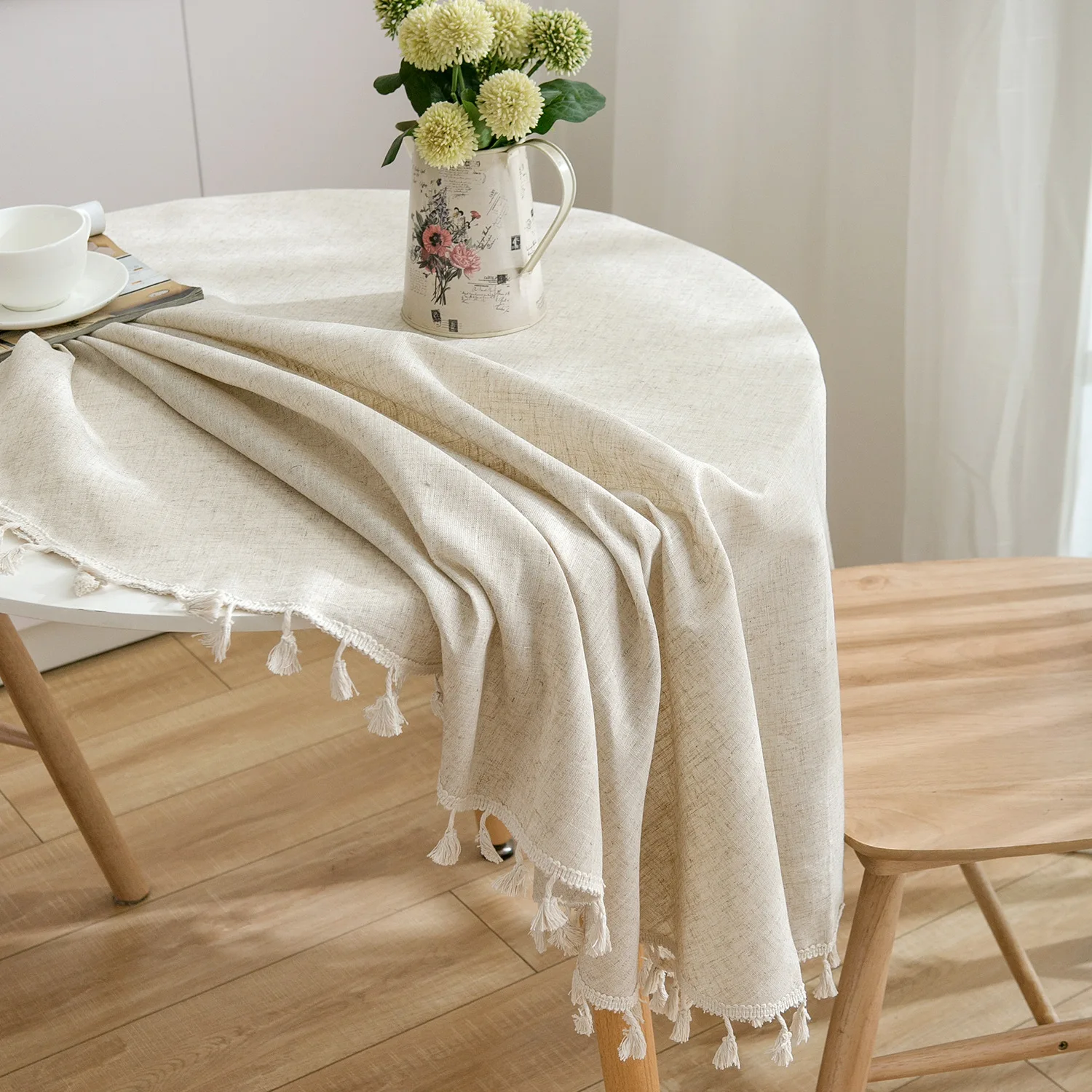 Mantel redondo de lino y algodón con borlas, cubierta de Mesa de Color sólido para cocina, comedor, fiesta, granja, accesorios de decoración de mesa