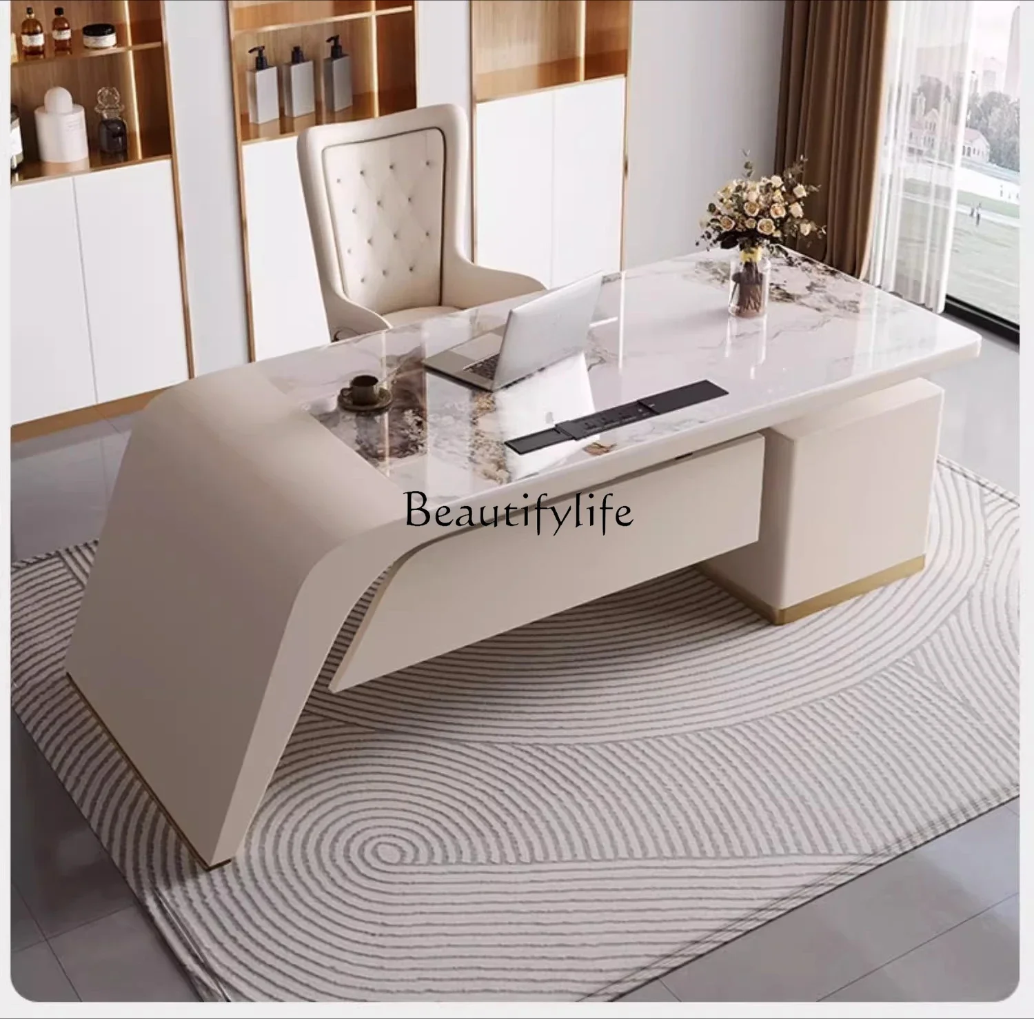

Desk light luxury modern high sense curved with baffle rock slab small desk