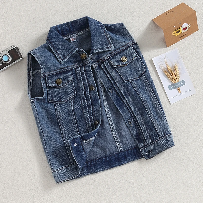 Fashion Kids Denim Vest Jacket Sleeveless Turn-down Collar Button Closure Casual Jacket for Girls Boys 3-7 Years image 3