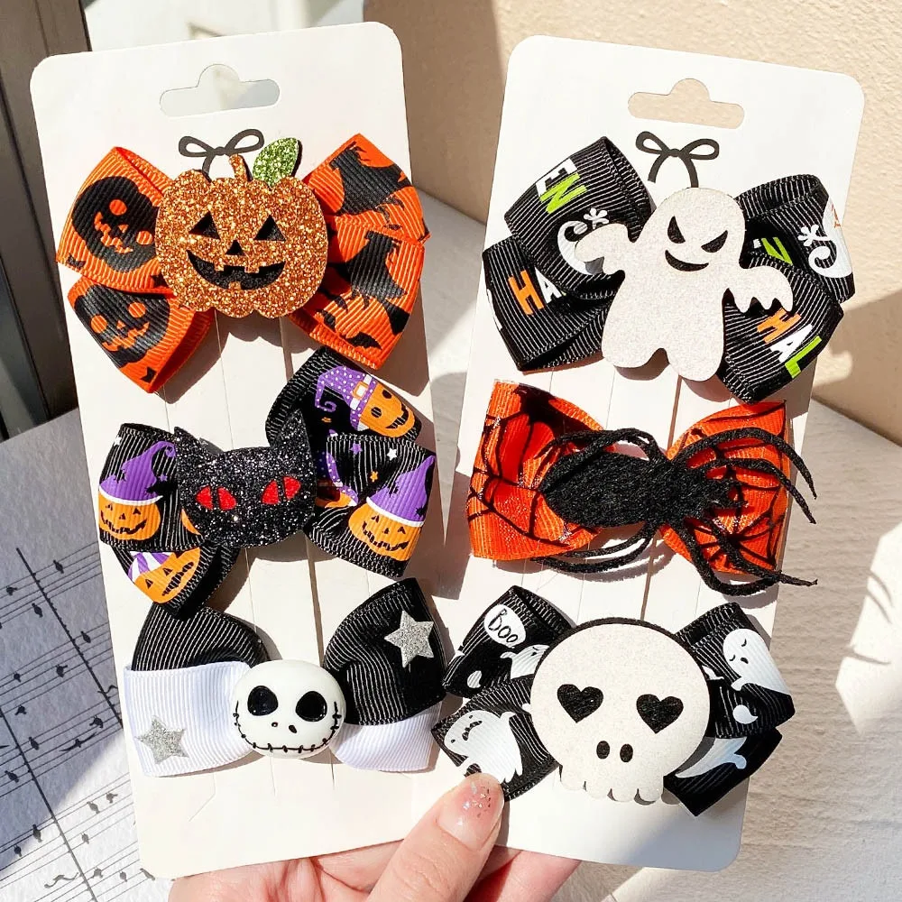 

2Pcs/set Ribbon Halloween Decoration Bow Hairpin for Kids Girl Ghost Pumpkin Bat Hair Clips Halloween Party Hair Accessories