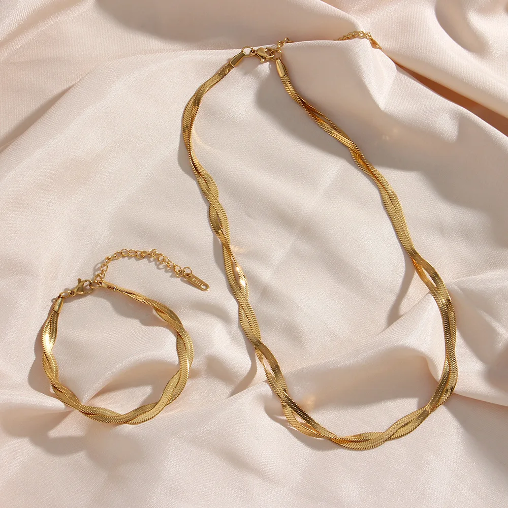 Gold Plated Waterproof Braided New Herringbone Chain Necklace Bracelets Set Wholesale Stainless Steel Jewelry For Women
