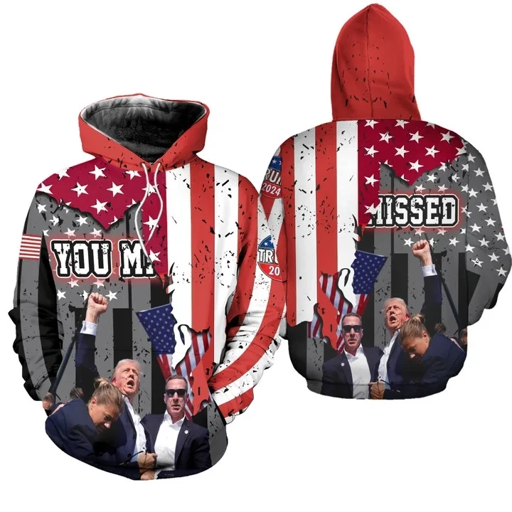 

2024 Latest Donald Trump Supporter Hoodie 3D Printed American Flag Trump Photo Casual Pullover Hoodie Mens Plus Size Sweashirt