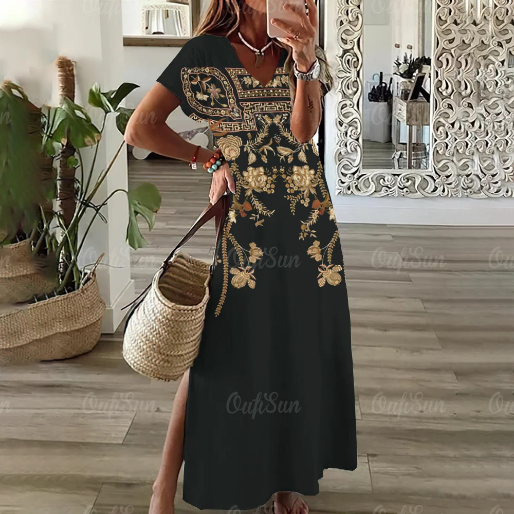 Female Evening V Neck Split Sexy Short Dresses Ethnic Vintage Short Sleeve Muslim Dresses Holiday Elegant Beautiful Women Dresse