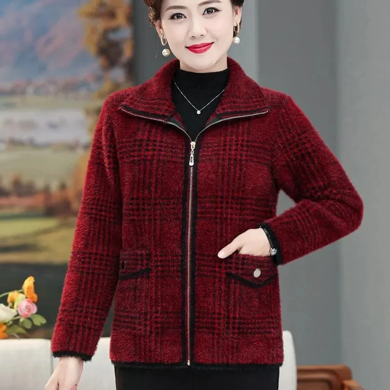 2024Autumn Winter New Mother Sweater Ladies Short Imitation Mink Velvet Jacket Women's Middle-Aged Coat Zipper Cardigan Lady Top