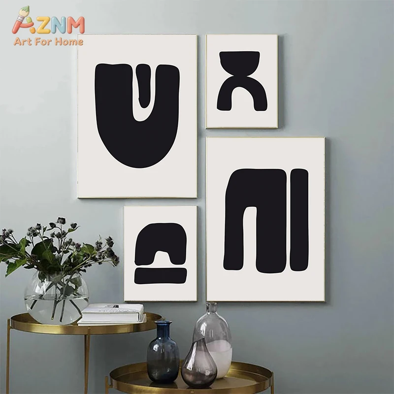 AZNM Abstract Black Geometric Shapes Canvas Wall Art Print, Modern Minimalist Decor, No Frame