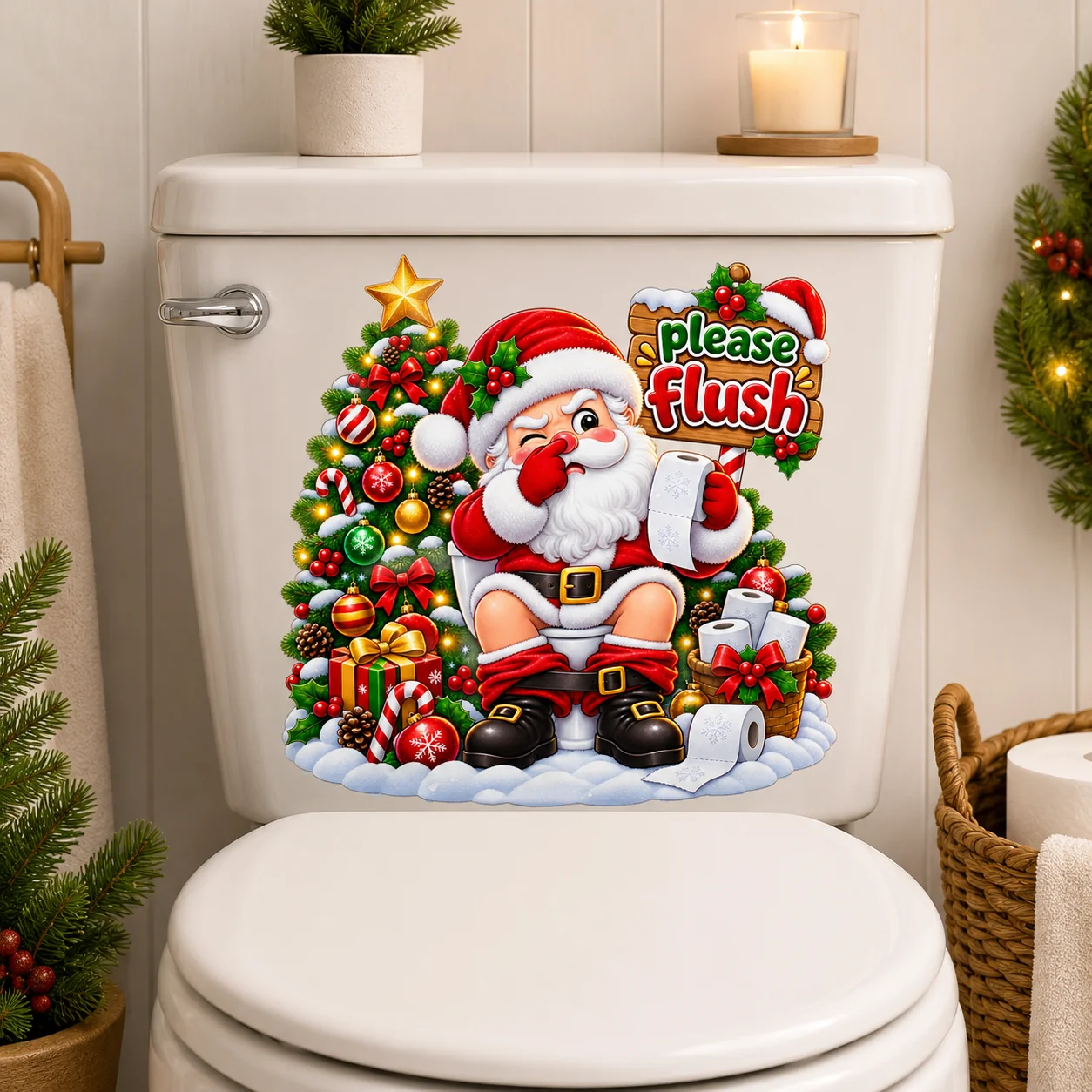 Funny Christmas Toilet Tank Sticker Santa Claus Please Flush Xmas Tree Winter Holiday Bathroom Wall Decal Decor