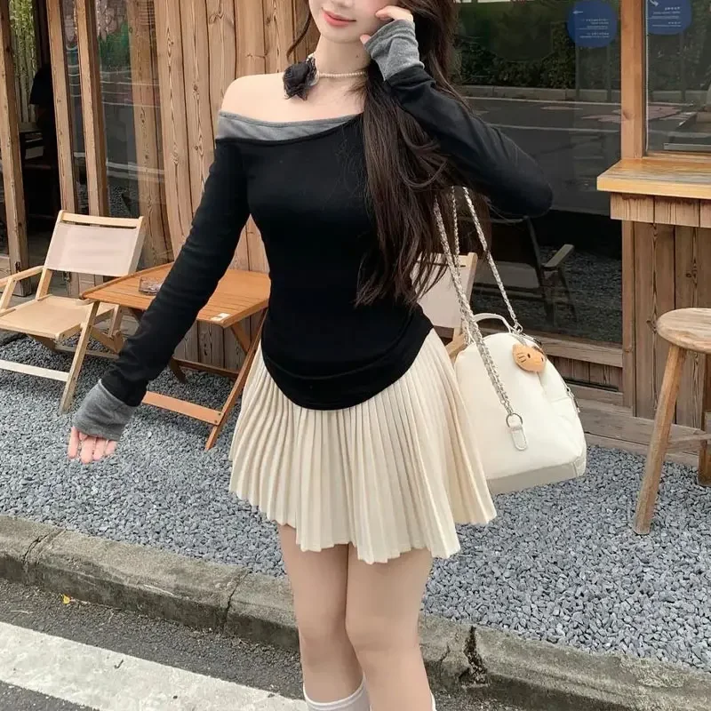 

Contrasting Colors Irregular Slim T-shirts Autumn Skew Collar Women's Clothing Chic Asymmetrical Hotsweet Long Sleeve Pullovers