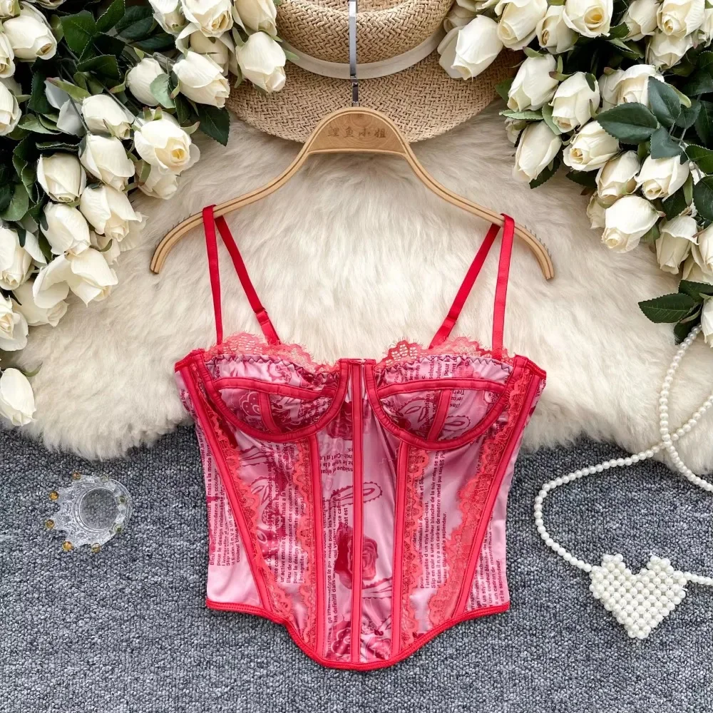 

Винтажная сетчатая элегантная майка с буквенным цветочным принтом и шикарными бретелями, женская сексуальная французская милая уличная одежда, уличная летняя одежда