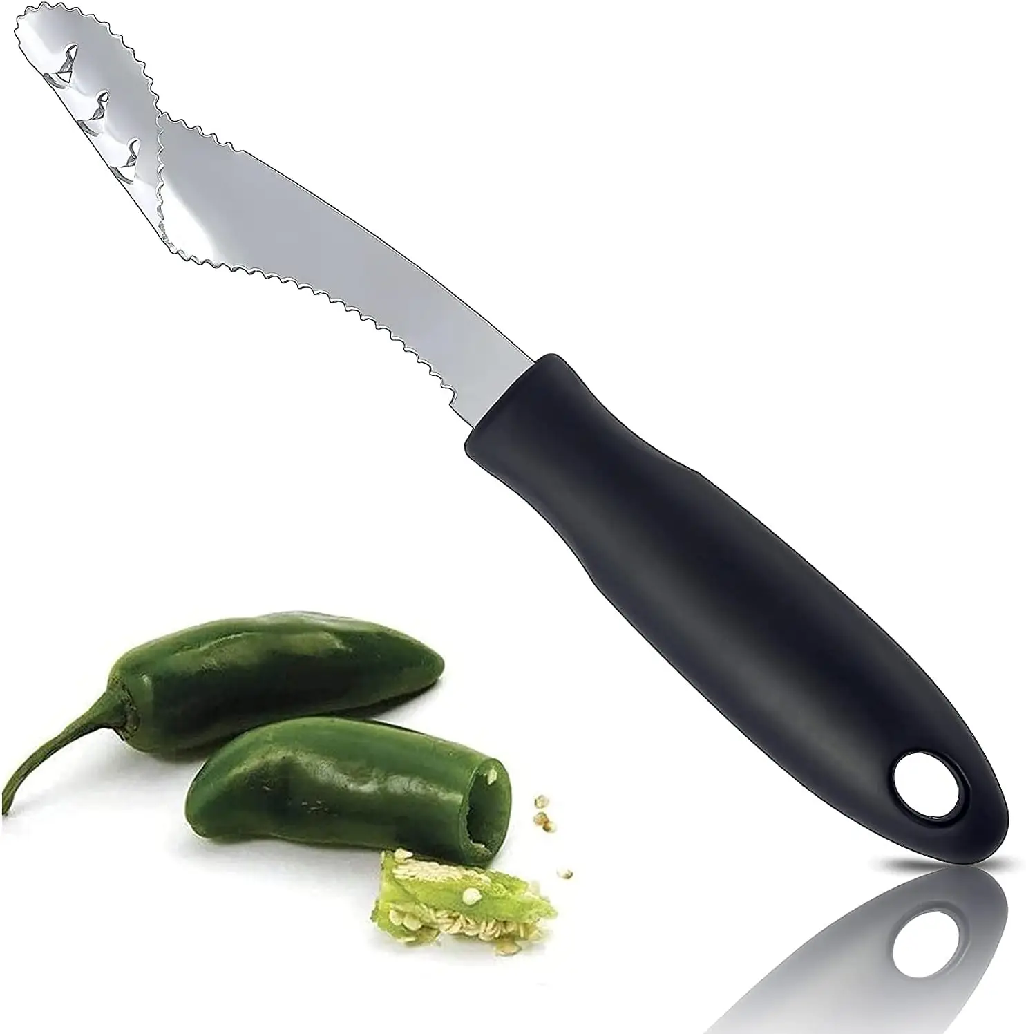 Herramienta para Descorazonar Jalapeños con Cuchilla Dentada y Mango de Goma - Elimina Fácilmente los Semillas y Corta las Puntas para Cocinar y Asar