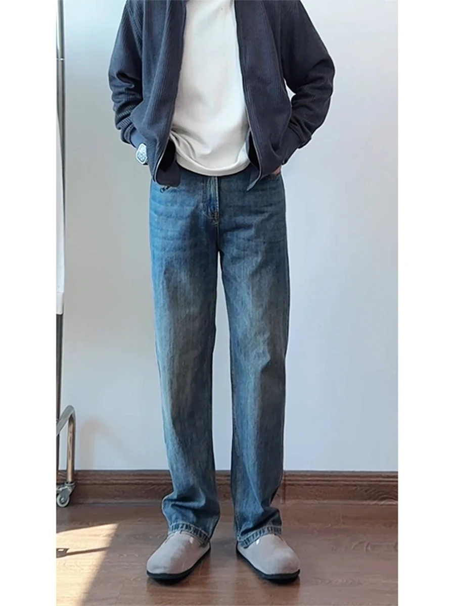 

Deep Blue Fce Lined Men's Jeans Straight Leg Autumn Winter Sle Cleanfit Haome High Waist Long Pants American Vibe