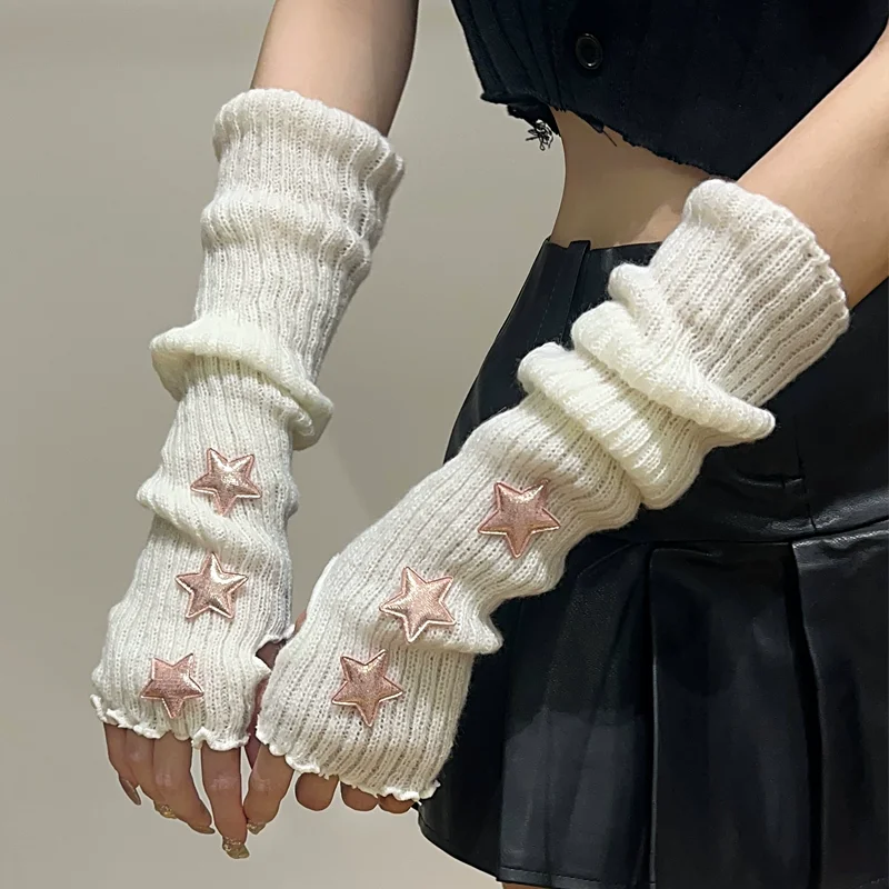 y2K Star Fingerless Long Wrist Gloves Arm Warmers False Sleeves Knitted Gloves Hand Sleeves Cover Black White Half Finger Gloves