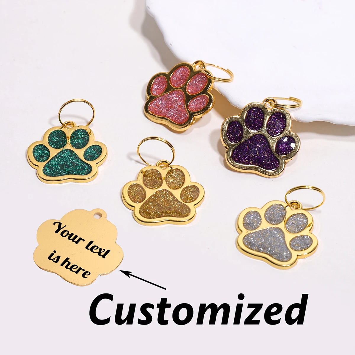 Gold Colour Custom Name Dog Tags Glitter Claw Customized Text Cat Tag Laser Engraving Collar Pendant Personalized Name Pets Tag