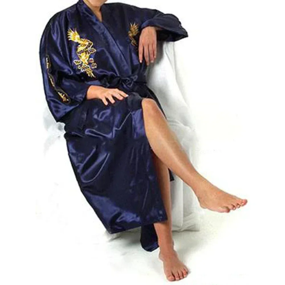 Silk Kimono Bathrobe, Chinese Dragon Design, Men\'s Sleepwear Gown, Satin Fabric, Navy Blue/Red/White/Black/Blue