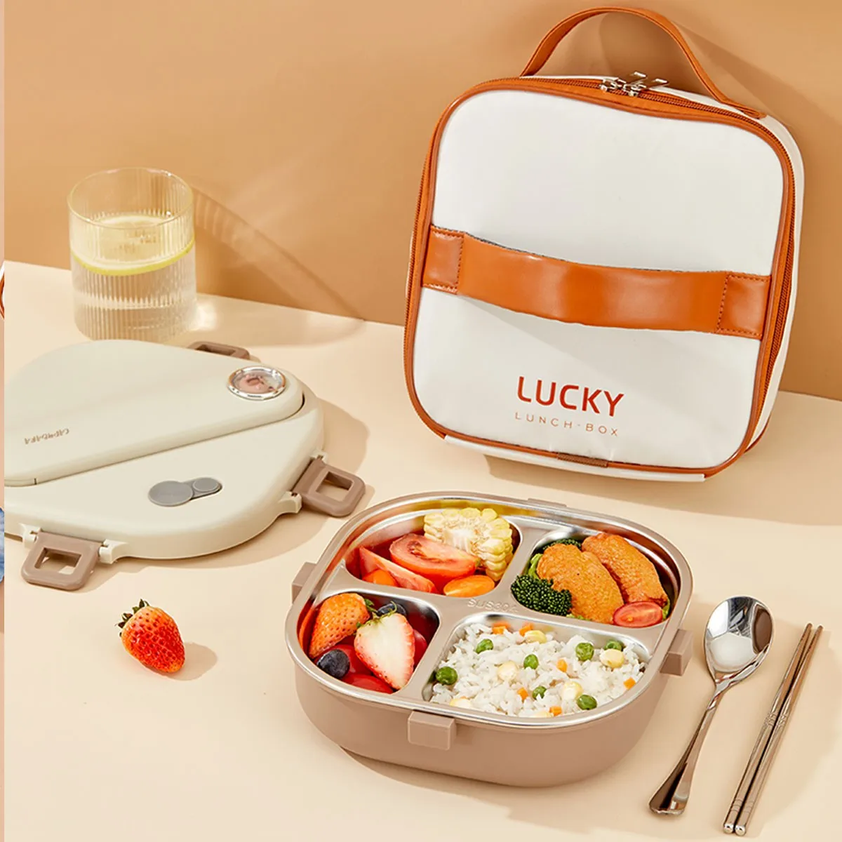 Square 304 Stainless Steel Divided Lunch Box With Cutlery 3/4 Grids Leak-proof Large Capacity Lunch Container For Kids Students