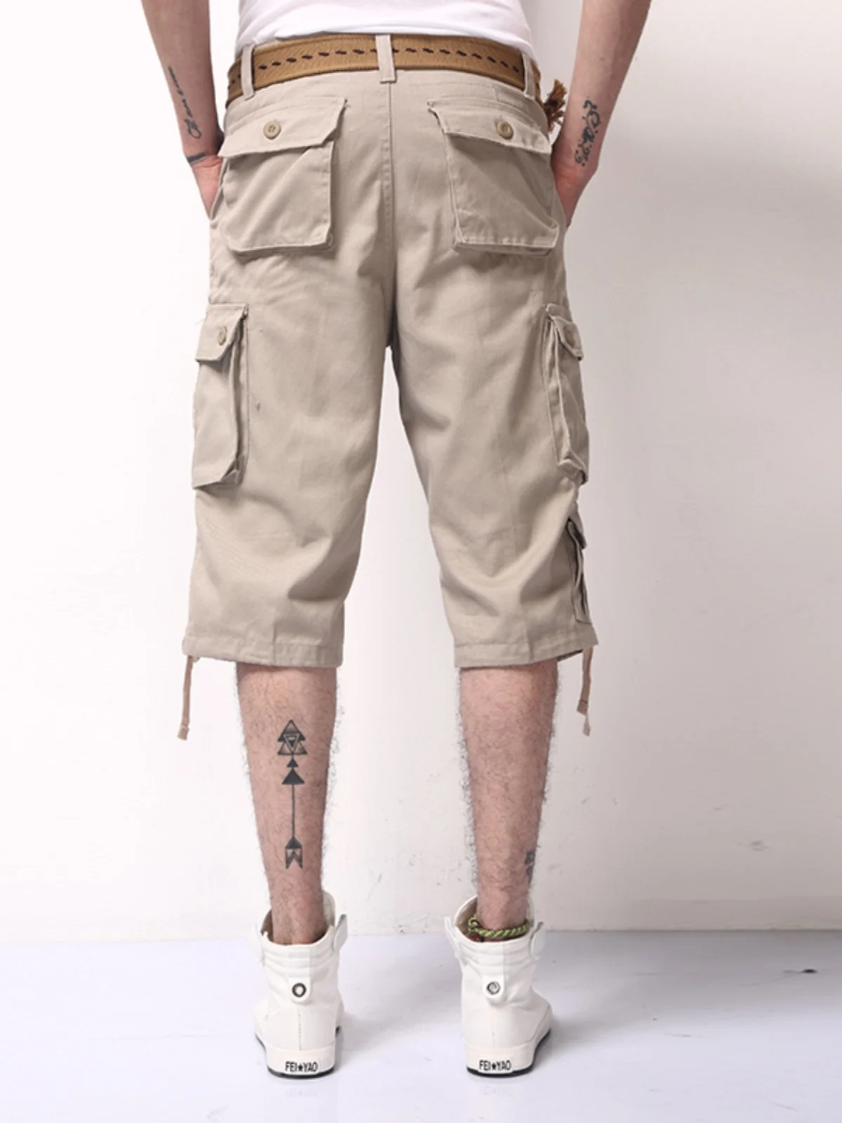 

Men's Summer Workwear orts Pure Color Cotton Multi-ket Casual Mid-Length Loose Large Size Straight Tube Seven-Point Pants