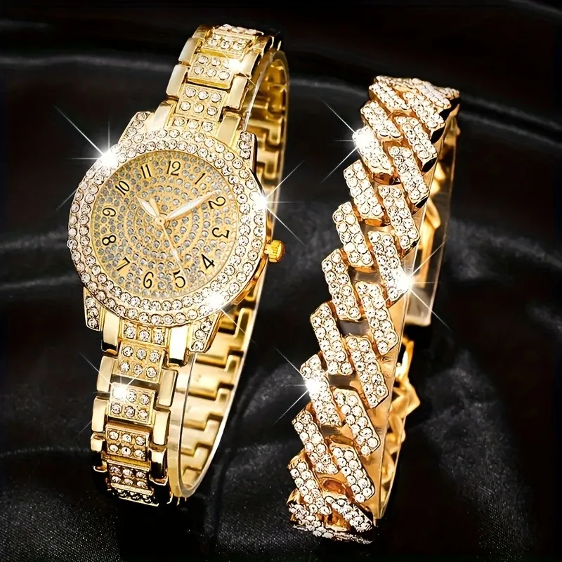 2PCS Luxury Rhinestone Women Watches Bracelet Set Fashion Arabic Dial Ladies Quartz Wristwatch Reloj Mujer Girls Clock Gift