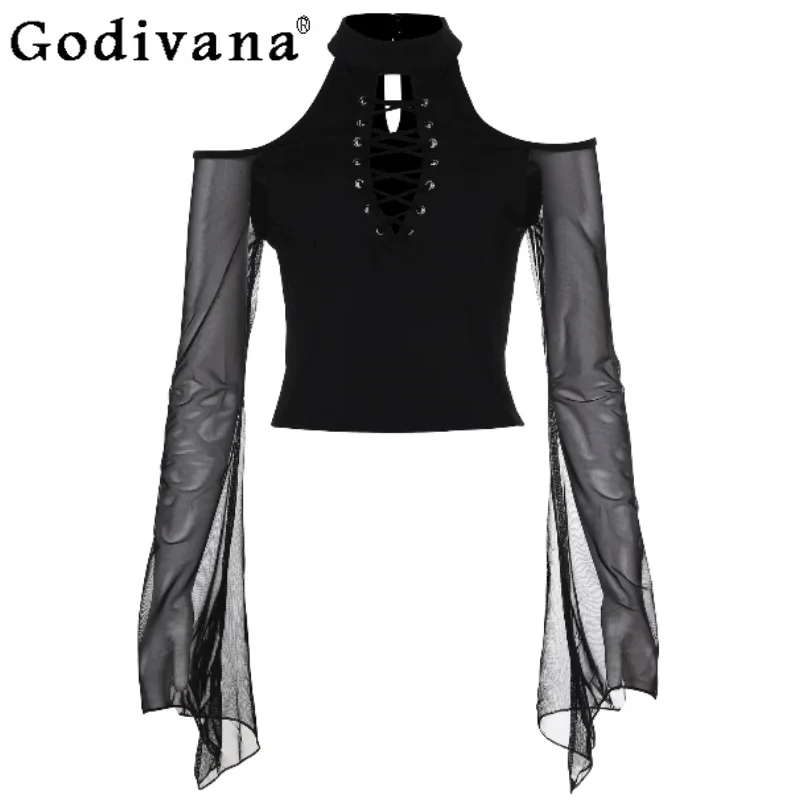 Personalized Dark Gothic Lace-up Hollow Off-the-shoulder T-shirt Fashion Splicing Gauze Long Flare Sleeves Sexy Girl Short Tops