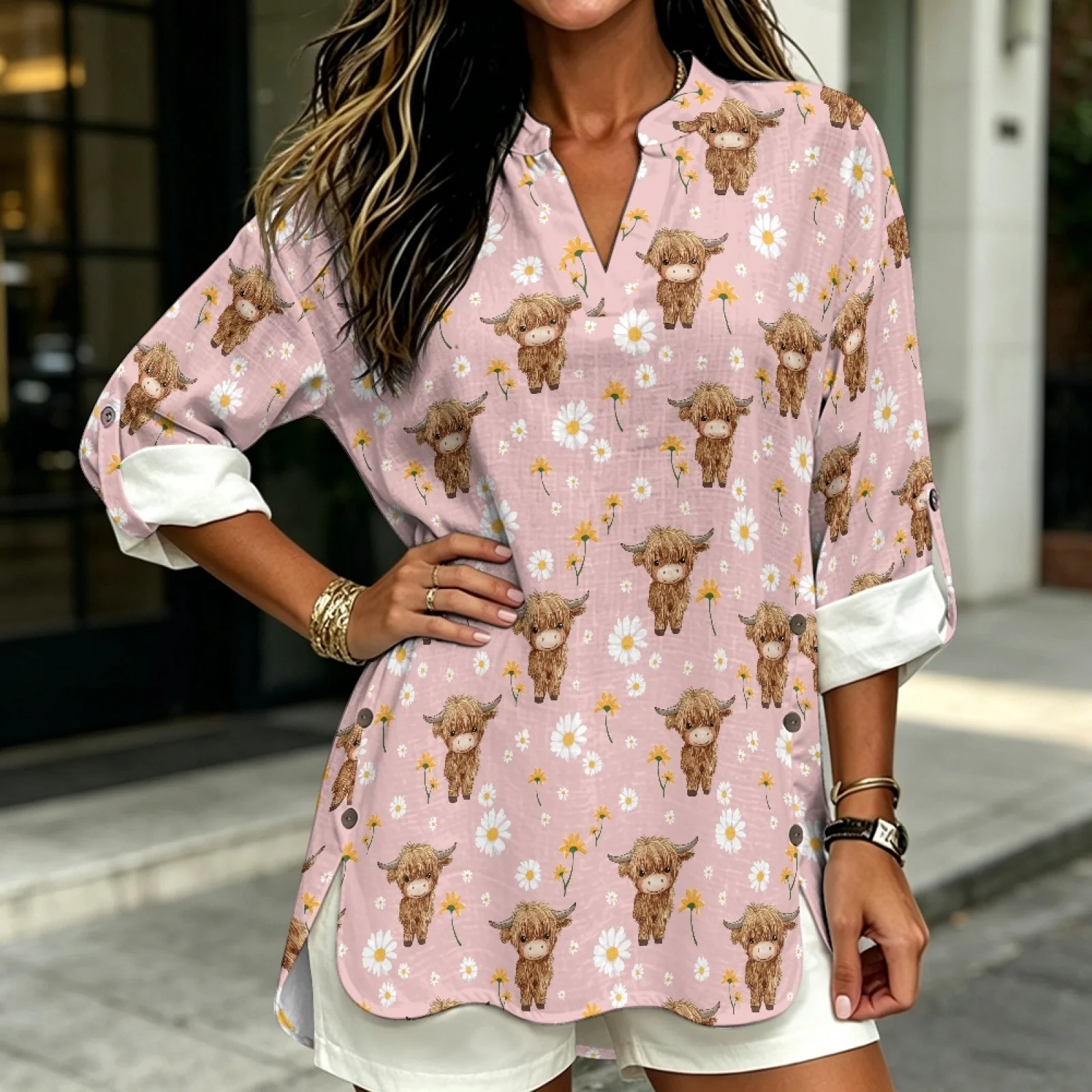 PENSTROLL Highland Cow Daisy Linen Style Tunic Blouse Flowy Hem Tunic Tops for Women for Everyday Wear Sizes S-5XL