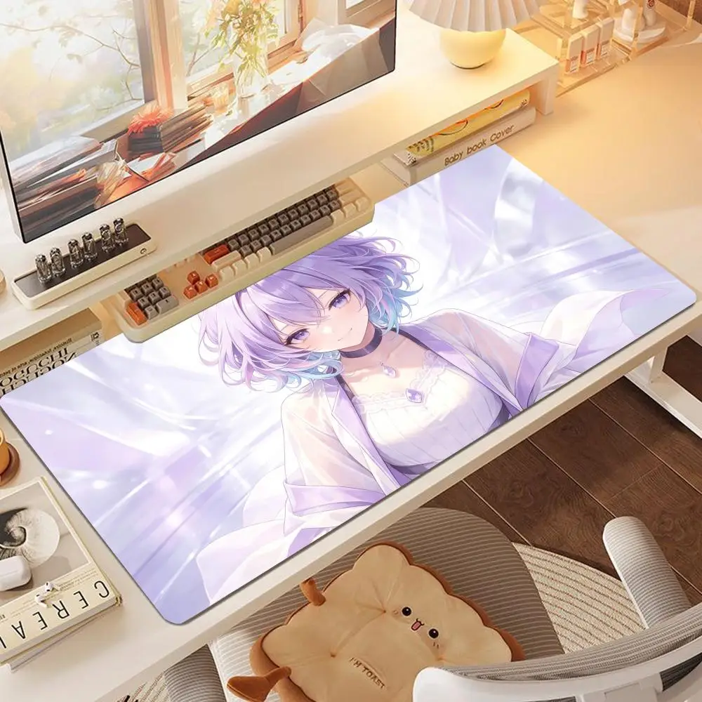 Soft light long gaming mat lavender short hair girl white outfit bright ray background natural rubber anti slip dual use pad