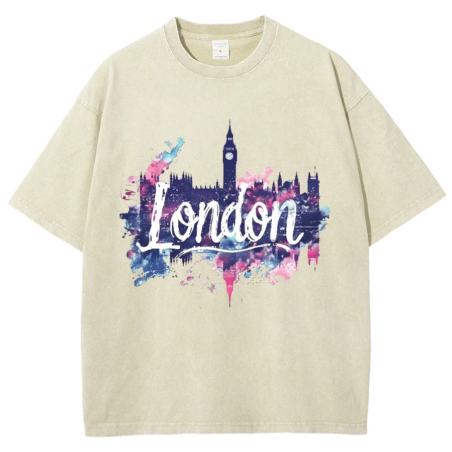 

Футболка в стиле хип-хоп Tiki, винтажная промытая футболка большого размера с изображением лондонского города, для мужчин и женщин