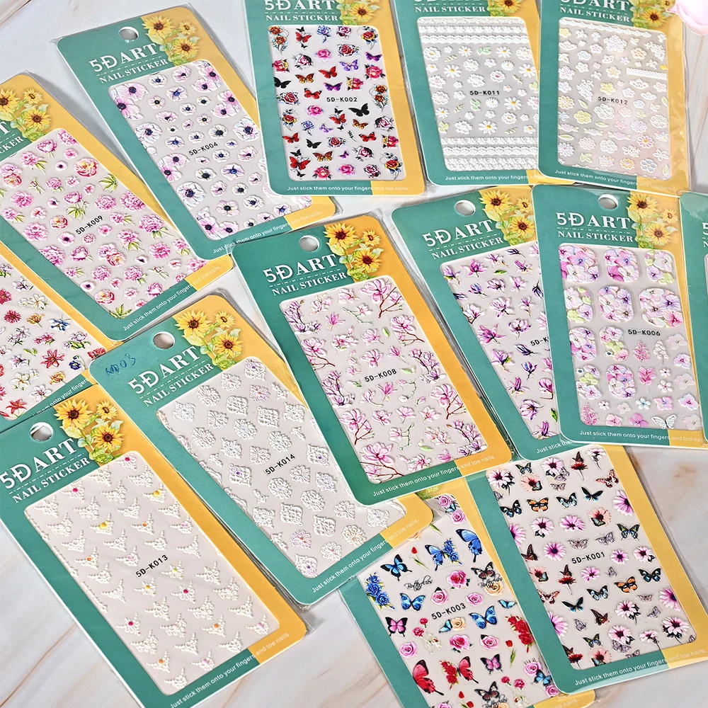 Autocollants pour ongles en feuille de gaufrage 5D, 1 pièce, blanc, Lily de la vallée, tulipe, attrape-rêves, vernis, fleurs de mariage, pointes coulissantes gravées *