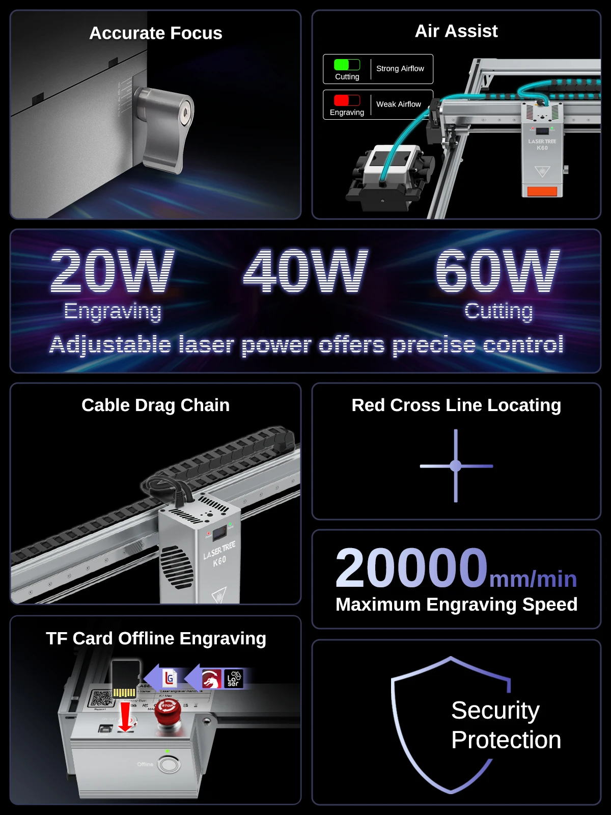 LASER TREE K1MAX Laser Engraver with 60W Laser Module and Air Pump Honeycomb Panel Engraving Cutting Machine Working Area 80x60