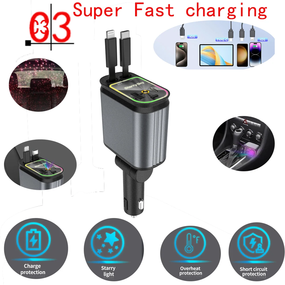 

2024 4 In 1 Retractable Car Charger Car Roof Star Night Light Double Type C Fast Charging USB Charger For IPhone 15/14/13 Androi