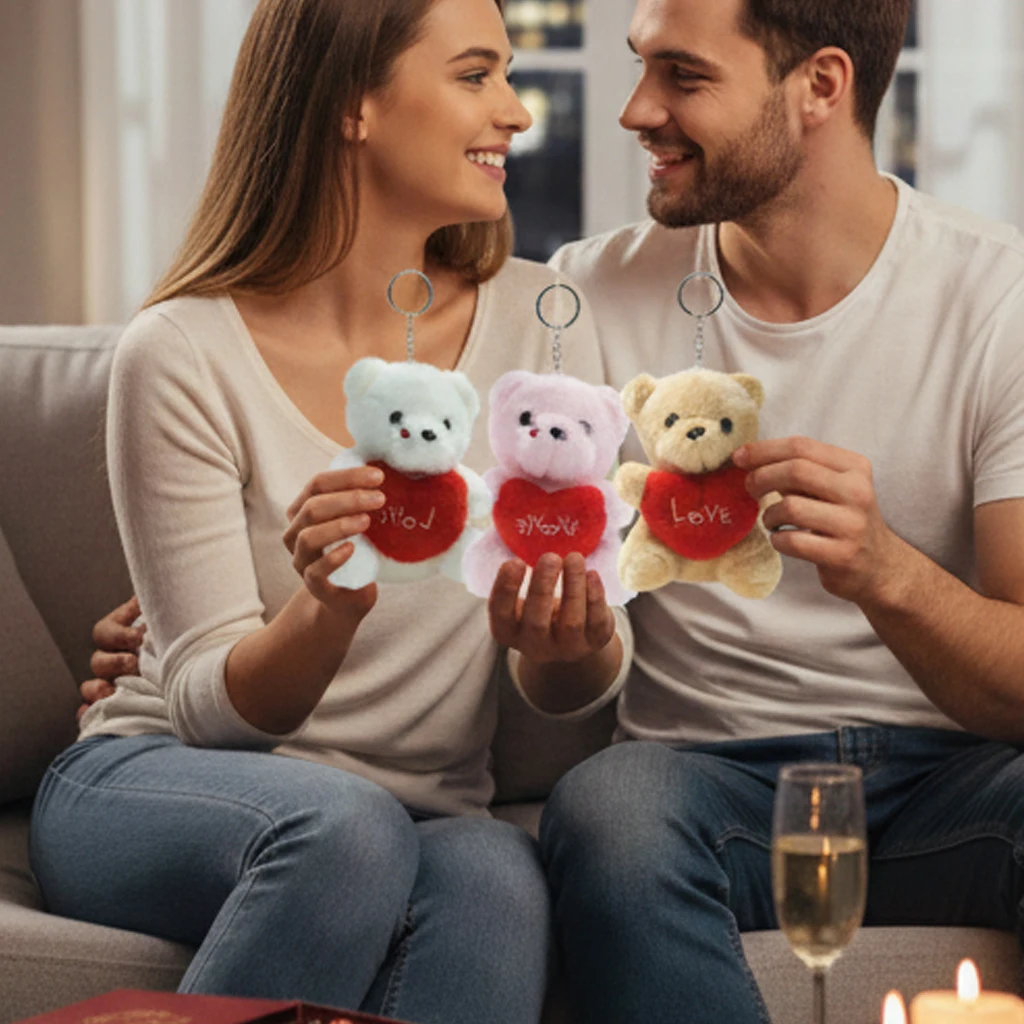 Chaveiro de Urso com Coração de Amor, Acessórios de Boneca de Pelúcia Macia para Decoração de Bolsas, Mochilas e Presentes, Lembrança para Casais
