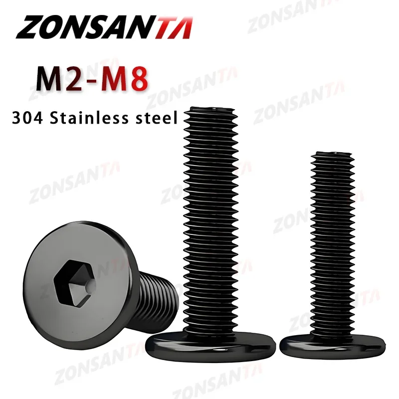 Black 304 Stainless Steel Allen Hexagon Ultrathin Head Bolt Hex Socket Ultra Thin Flat Wafer Head Screw M2 M2.5 M3 M4 M5 M6 M8