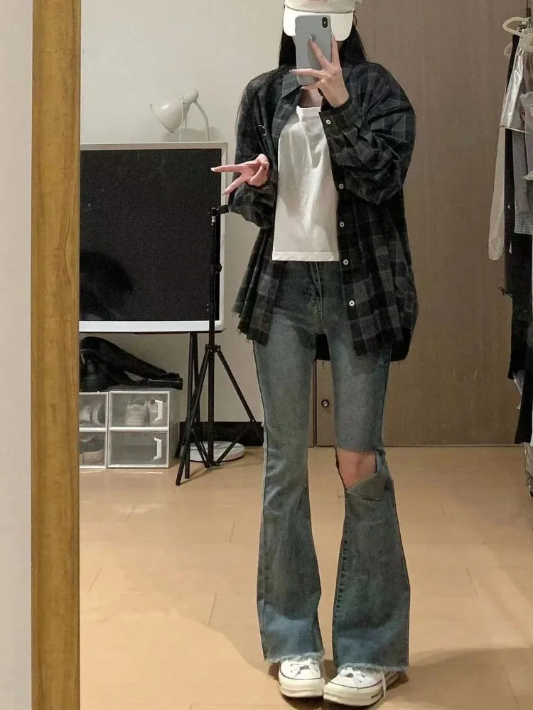 Deeptown Vintage Langarm Plaid Shirts Y2k Frau koreanischen Stil Blusen Harajuku Mode japanische Overs ize Check Outer wears