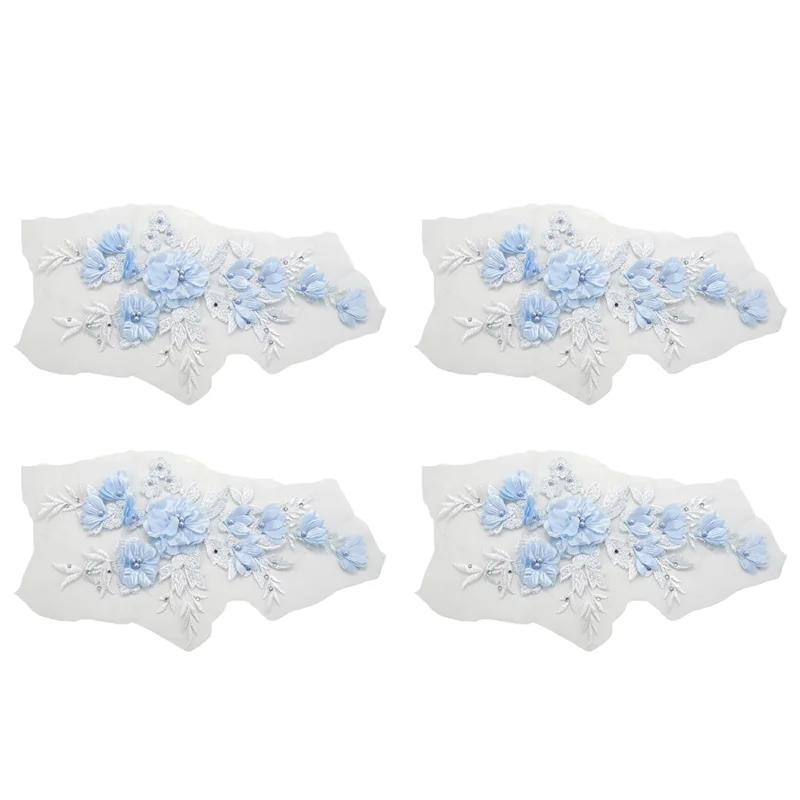 

ABRT-4X Beaded Hot Drilling Lace Bridal Beaded Flowers Embroidery Patches Sky Blue