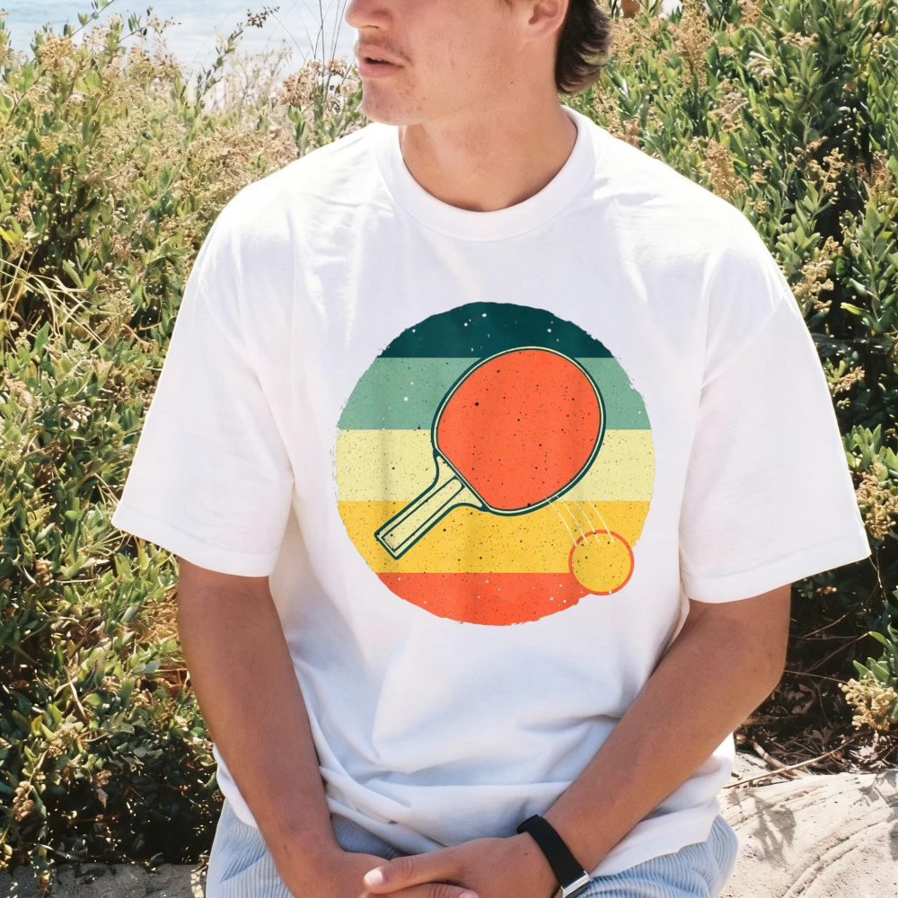 Funny Retro Rainbow Ping Pong Paddle Ball Design T-Shirt Summer Cotton Sports T-Shirt Men Women Fashion Casual Tops