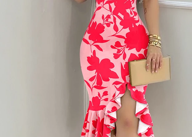 Abito da donna a fiori Abito aderente con spalle scoperte con stampa floreale Abito slim fit con orlo arricciato