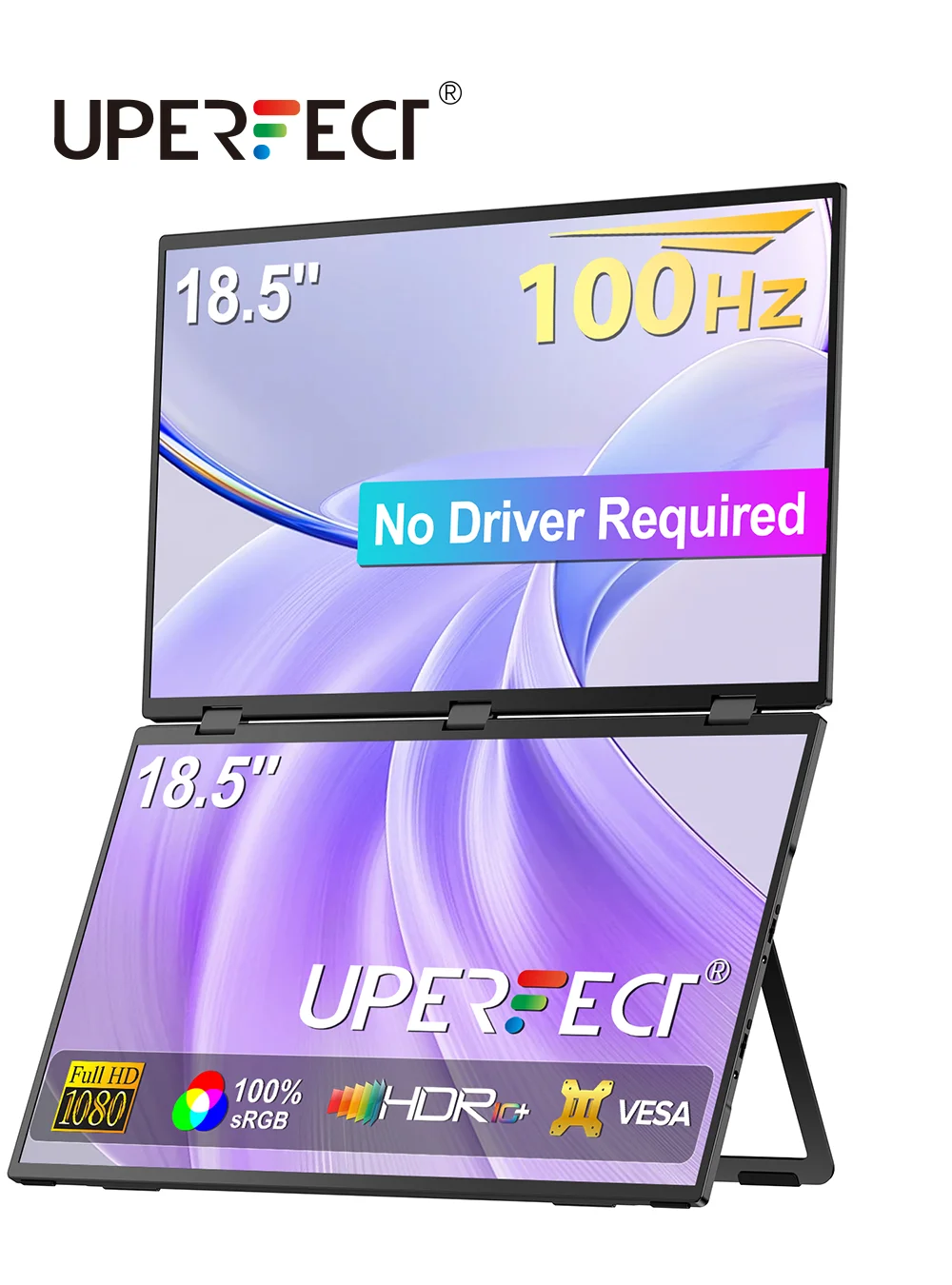 

UPERFECT 100Hz Stacked Monitor No Drive Required Laptop Dual Screen Folding 18.5" With USB C Mini HDMI For PC Mac Surface Phone