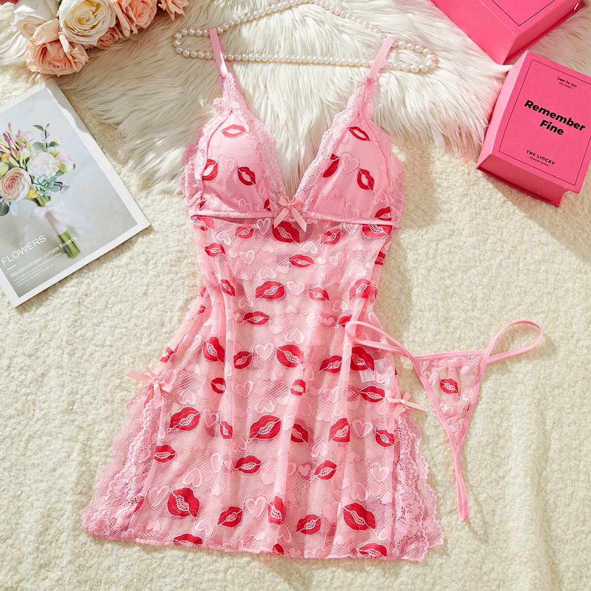 Sexy Sling Nightdress Lace Patchwork Elegant Lingerie Transparent Temptation Nighties For Women Pajama Red Lip Print Mini Dress - view 3