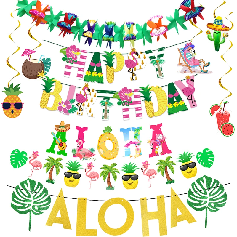 Hawaii Happy Birthday Banner Palm Leaf Holiday Summer Party Luau Aloha Party Supplies Hawaiian Tropical Party Decoration