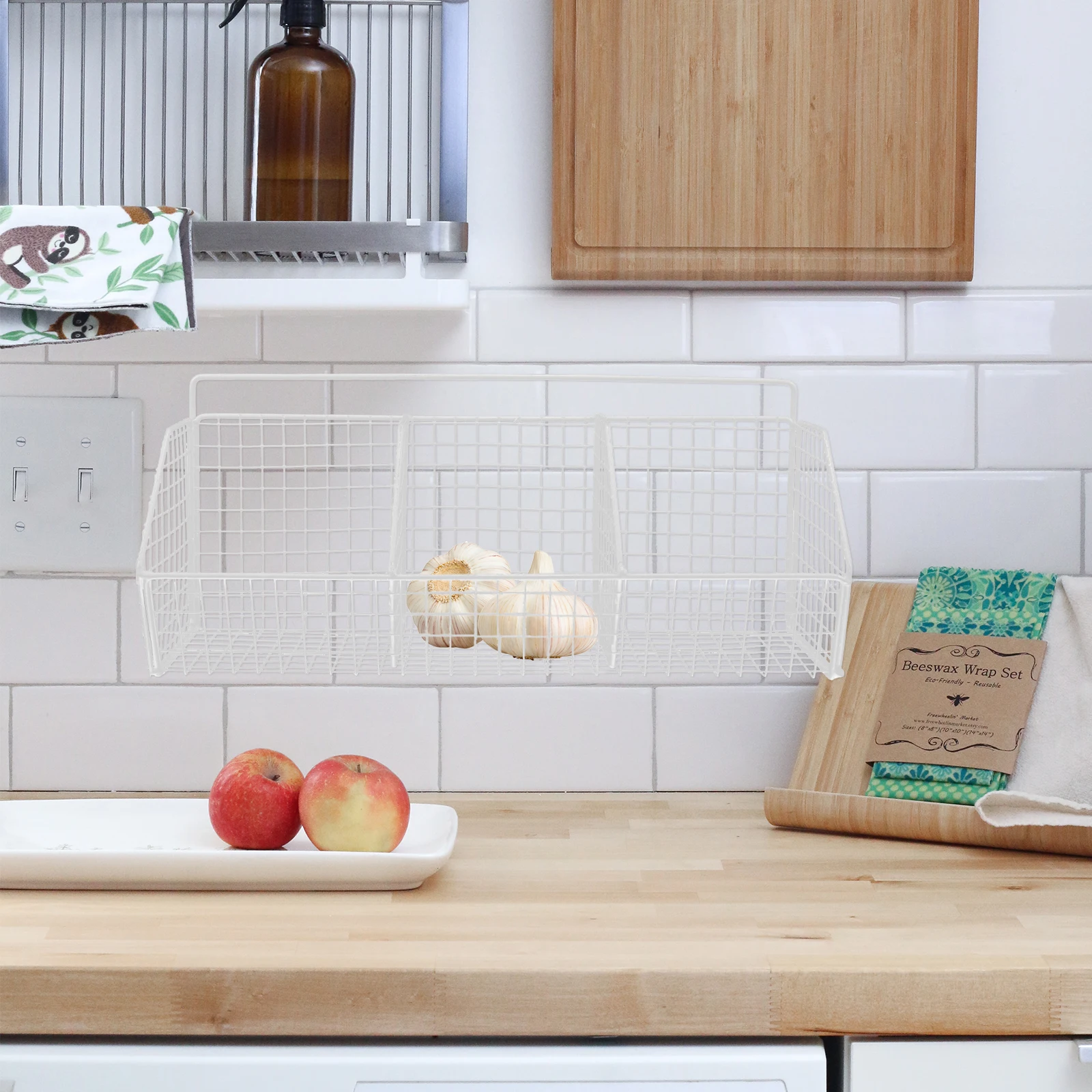 

Kitchen Storage Basket Wall Mounted Carbon Steel Wire Organizer For Vegetables Fruits Garlic Onion Storage Wall Basket