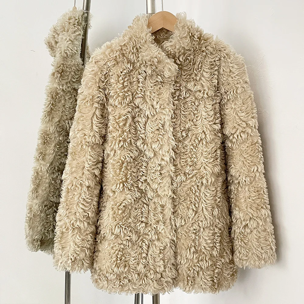 

KIDCRKJ Зимняя женская куртка из искусственного эко-меха, однотонная куртка с воротником-стойкой, женское пальто с вьющимся мехом Тедди, темпераментное женское пальто из искусственного меха