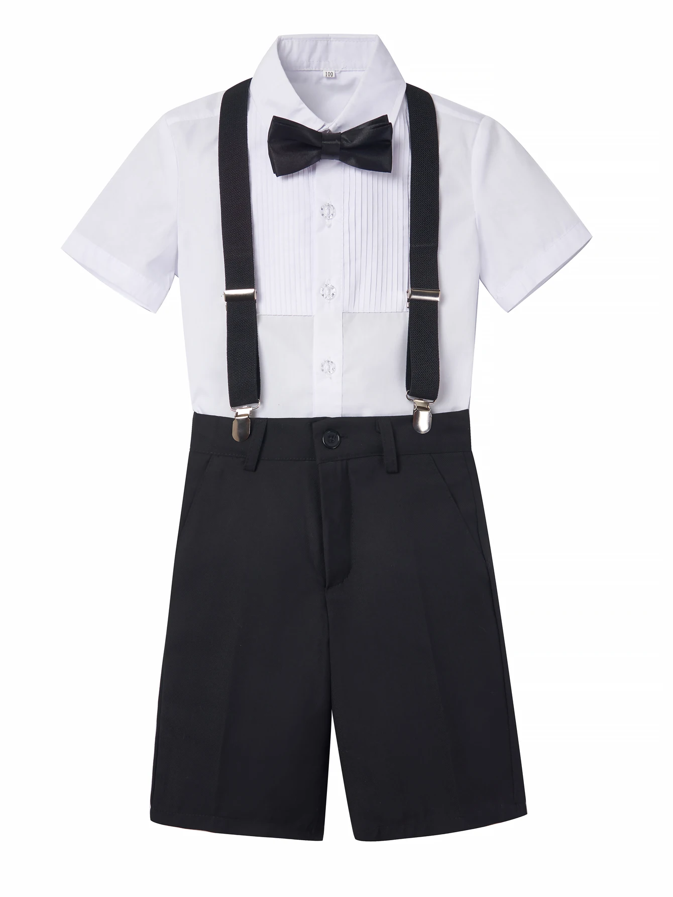 4pcs/set Boys' short Suit Set With short  Shirt , short Pants  Tie And Straps School Uniforms