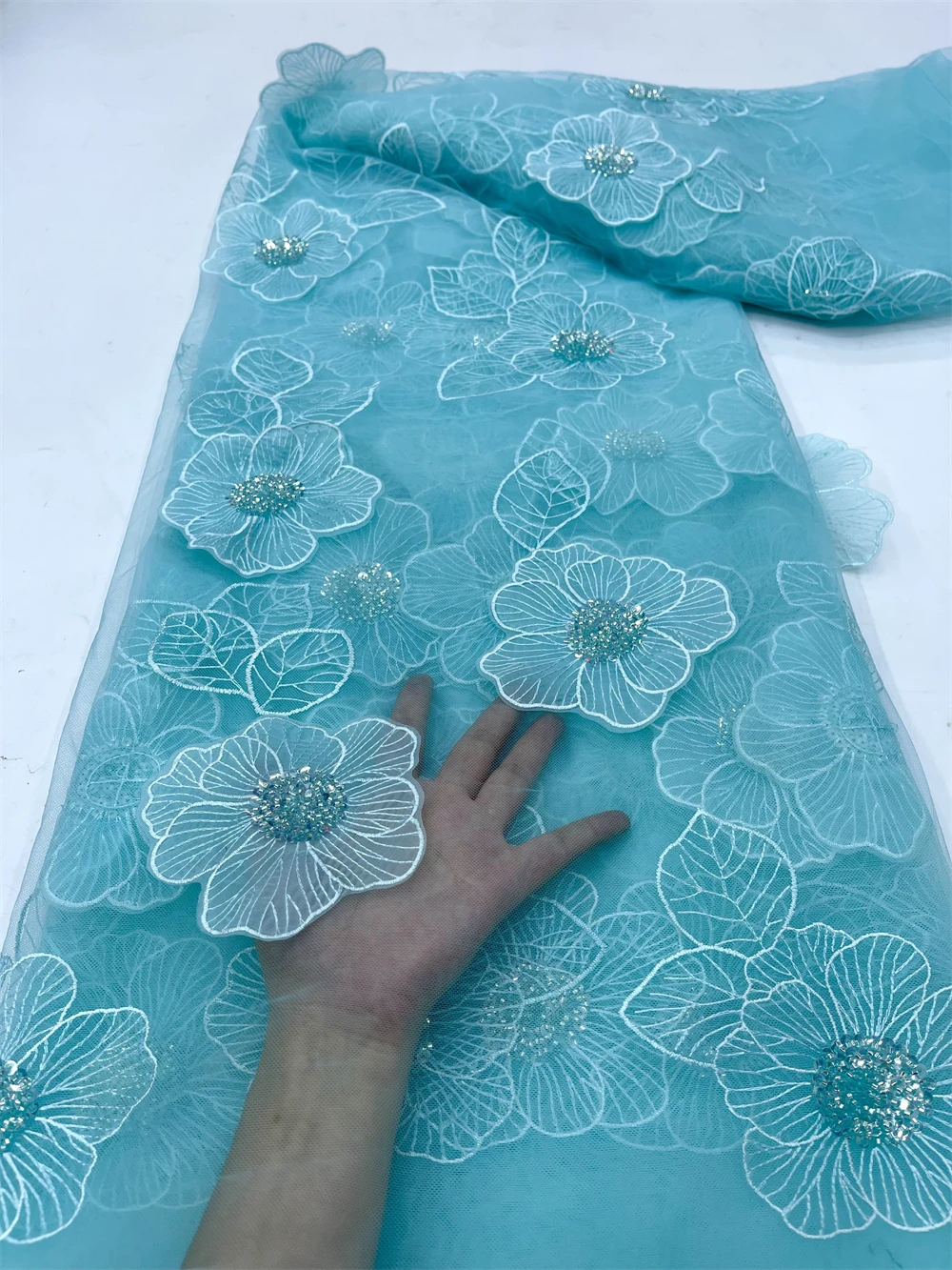 

High Quality 2024 African Tulle Lace Fabric,Fabrics,Latest,For Sewing,Sequin,Beaded,Wedding Dresses,Embroidery,Blue,Mesh,5Yards