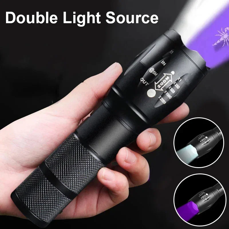 High power UV Led Flashilight  Rechargeable Zoom Fluorescent Flashlights XPE Camping Lighting lamp Torches Scorpion Detector