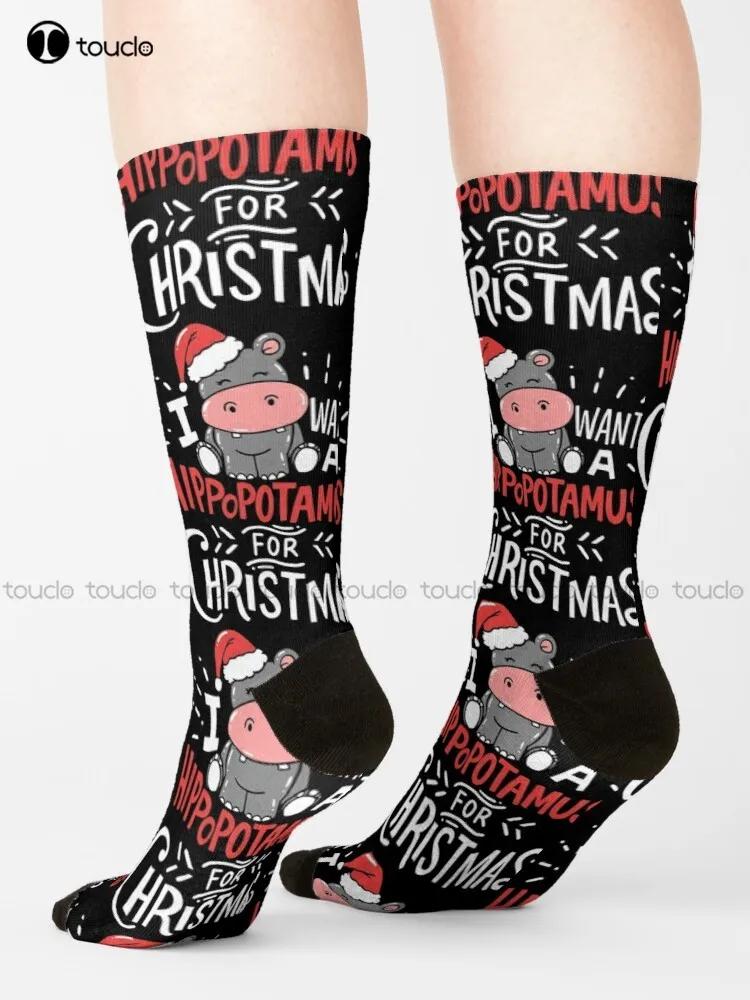 I Want Hippopotamus For Christmas Hippo Xmas Gift Socks Girl Socks Personalized Custom 360° Digital Print Gift Harajuku Colorful