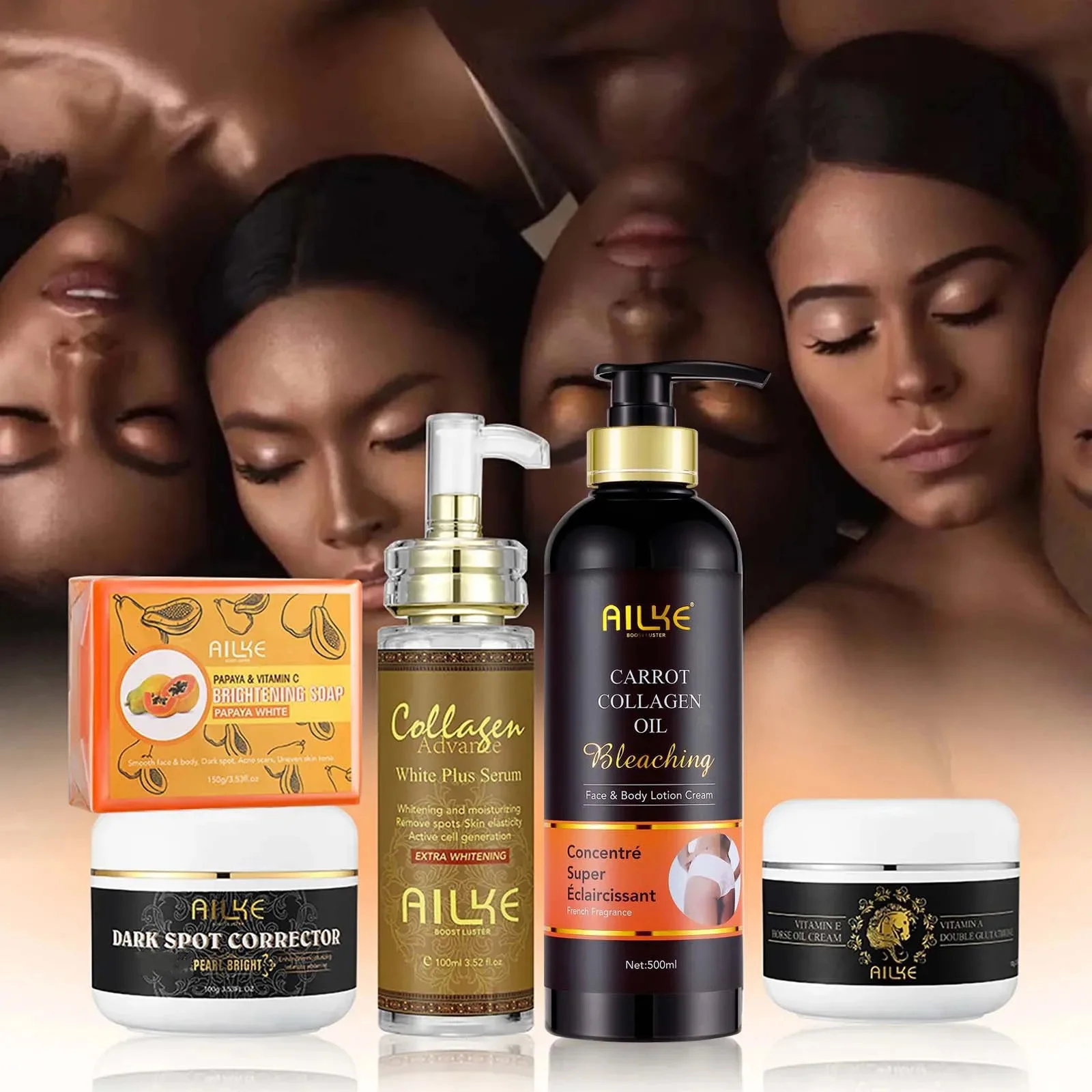 AILKE Kit de cuidado de la piel con colágeno, reducen las manchas, blanquear, incluso el tono de la piel, para la piel oscura, la piel negra, la piel africana, la piel de caramelo