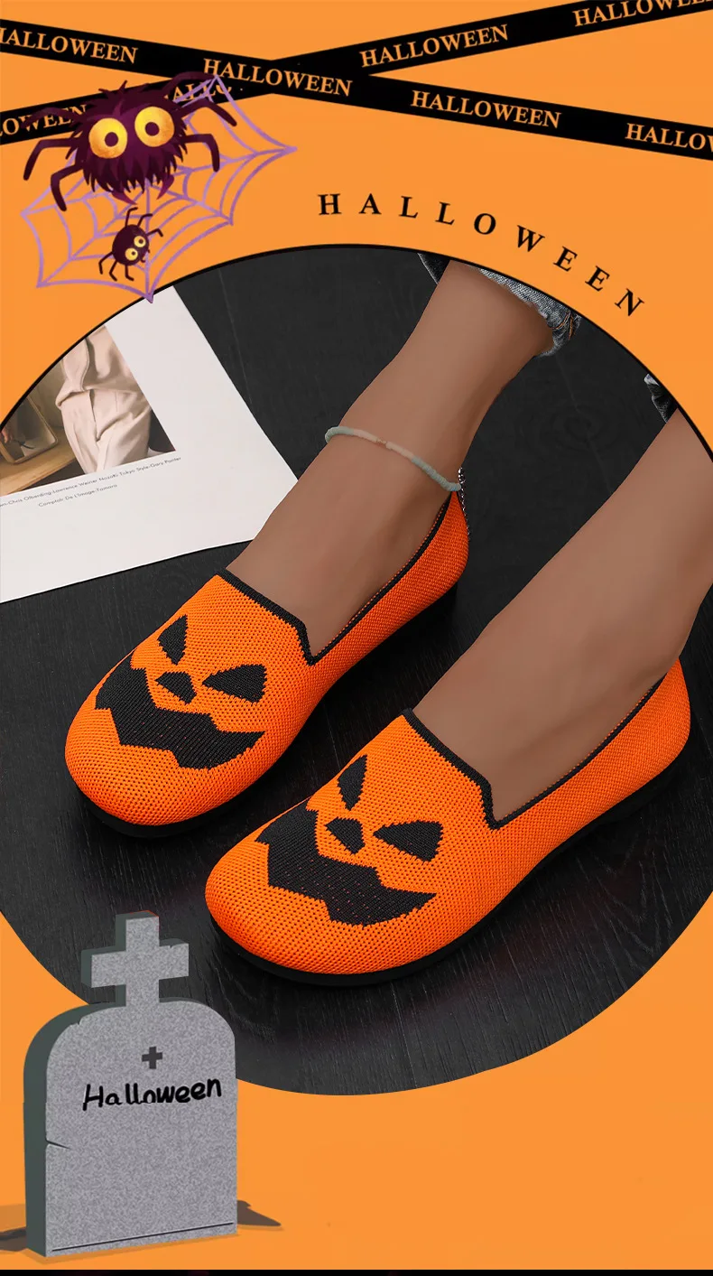 Damen-Halloween-Kürbisgesicht-Strickflachschuhe, atmungsaktive einteilige Slipper, leichte Freizeit-Party-Schuhe – Detail 11