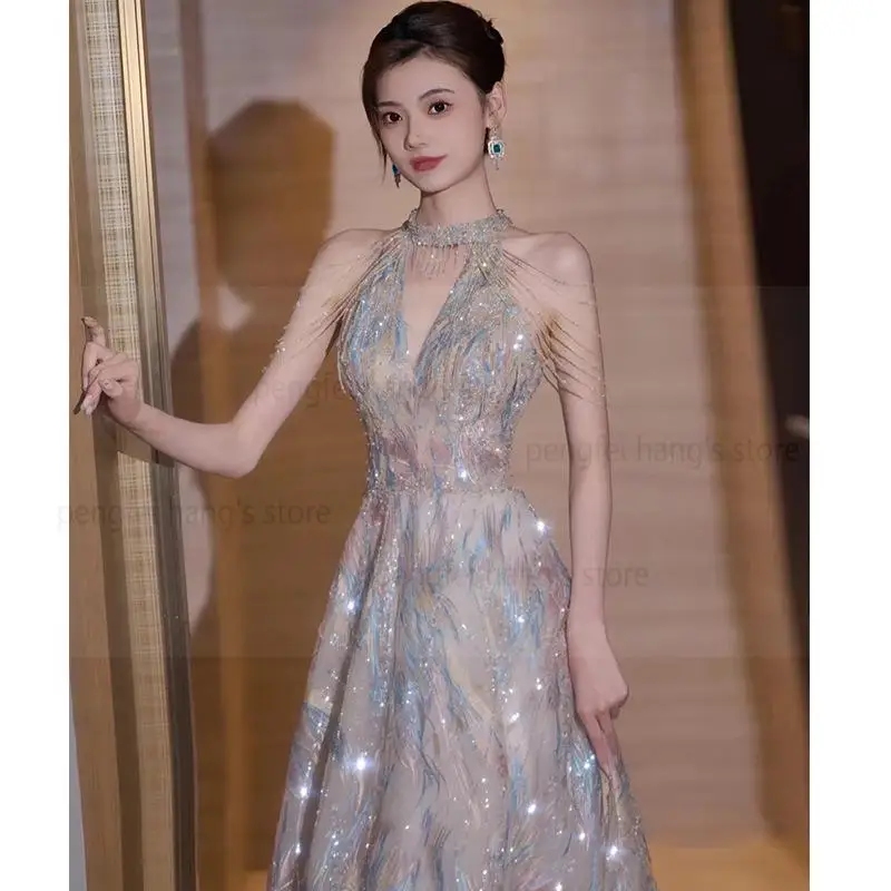 French Style Evening Dress for Women Halter Tassel Vestidos Lady Long Robe De Soiree Luxury Sequins Banquet Gown V-Neck Qipao