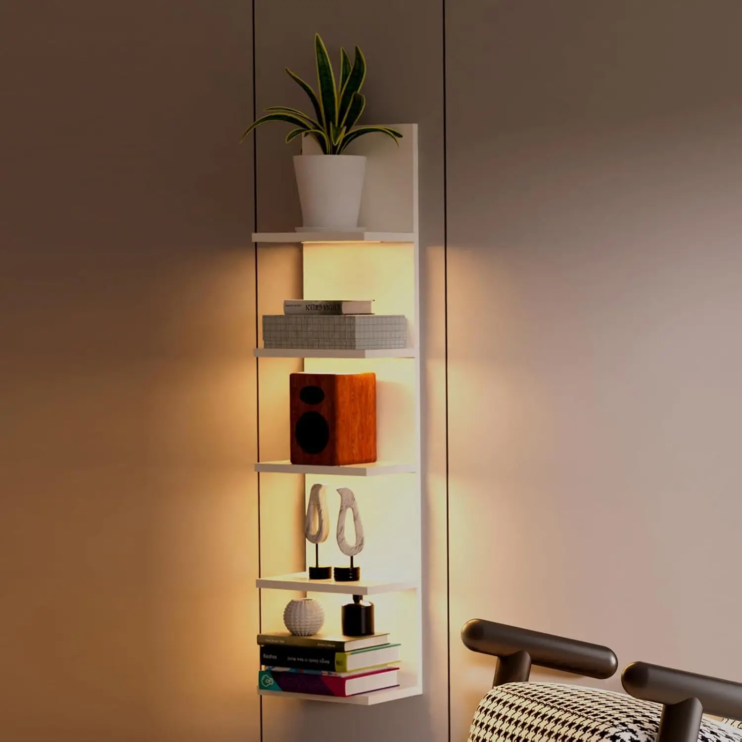 

5 Tier Wall Shelf with Light, White Modern Vertical Lack Wall Shelves, Wall Mount, Floating Column Home Decor Shelves