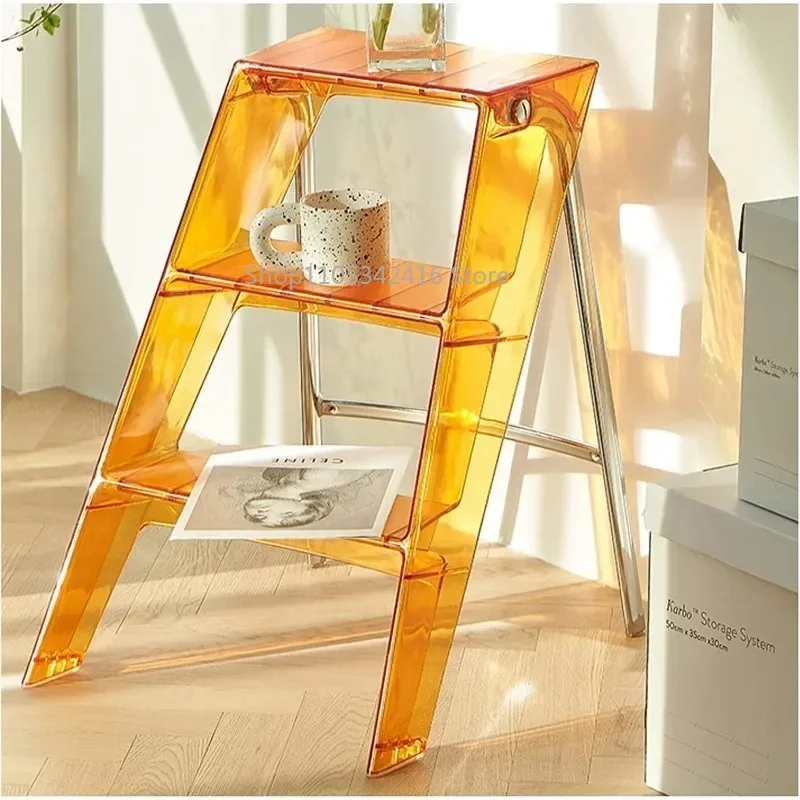 Acrylic 3-Step Ladder Stool, 2-in-1 Design 330Lbs Load, Orange Transparent Foldable Step Stool for Home Indoor Use