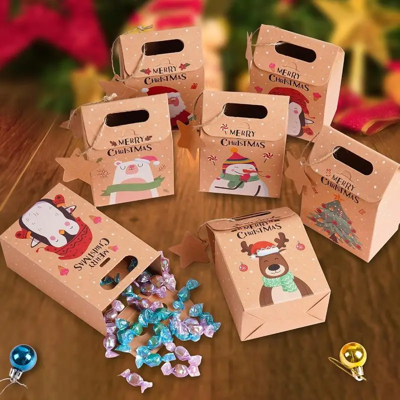 24Pcs Christmas Kraft Paper Treat Bags, Candy Gift Boxes Wrap Bags with Tags and Twines, Holiday Goodie Pouches for Xmas Party