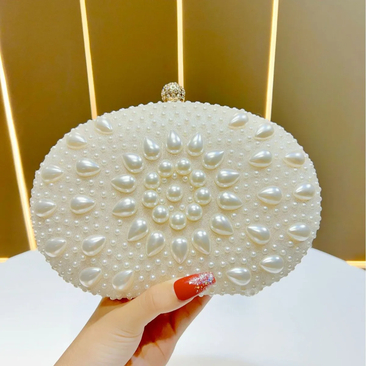 

2025 New White Pearl Evening Clutch Women’s Oval Inlaid Water Droplets Shiny Bag Elegant High Shoulder Purse Party Handbag