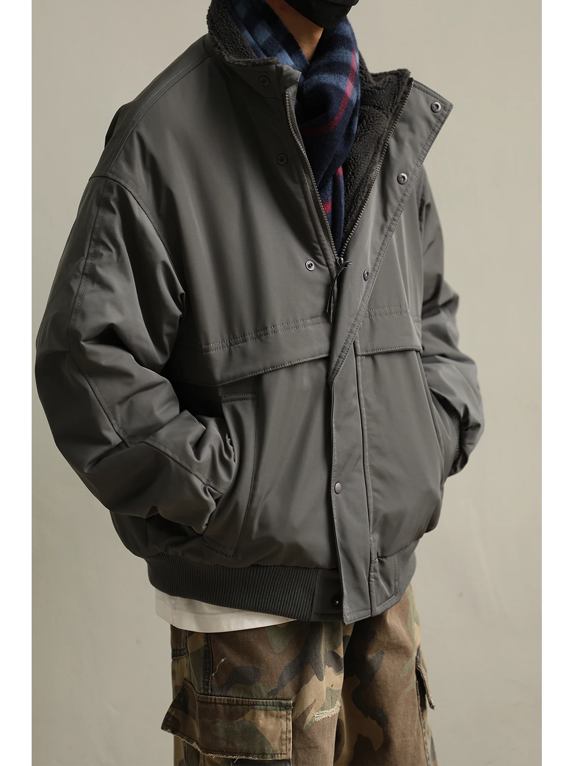 

LH Store Men's Winter American Retro Workwear Cotton Jaet Lamb Fur Lined Warm Trendy Loose Stand Collar Outerwear